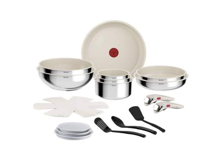 Tefal Ingenio Comfort Max 20-teiliges Keramik Kochgeschirr-Set abnehmbarer Griff, platzsparend und stapelbar, Induktion, Thermo-Signal, einfache Reinigung, Edelstahl, L885SK44