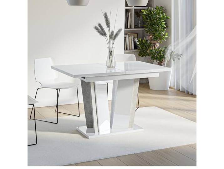 DORA2 Esstisch ausziehbar 120-160x80 cm Weiß Hochglanz Betonoptik Ausziehbarer Esszimmertisch 120 bis 160 cm für 4–6 Personen, V-Säulengestell, weißem Hochglanz und Betonoptik
