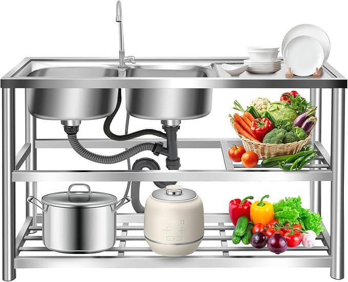 Doppelbecken Küchenspüle, Freistehende Edelstahl Spültisch | Gewerbliche Spültisch 120x45x80cm 3 Ebenen mit Unterschrank Wasserhahn 360° für Outdoor Küche Restaurant Gewerbe