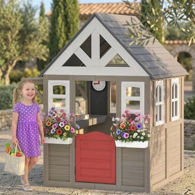 Homcom Qaba Outdoor Playhouse, Wooden Kids Cottage with Dog Door, Flower Box, Window, Cookware, Gray