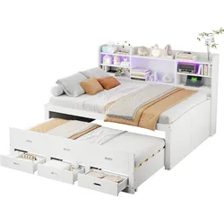 OKWISH Schlafsofa Daybett 140x200 mit LED-Beleuchtung und Fernbedienung, Ausziehbett mit 3 Schubladen und Ablage, modernes Funktionsbett Weiß