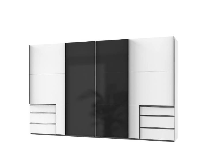 Armoire à portes coulissantes 350 x 216cm Plus de 5 tiroirs Blanc/Blanc/Noir brillant