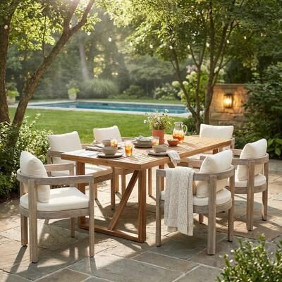 PRO_SELLERS 7-Piece Acacia Wood Outdoor Dining Set with Cushioned Chairs and Tabl