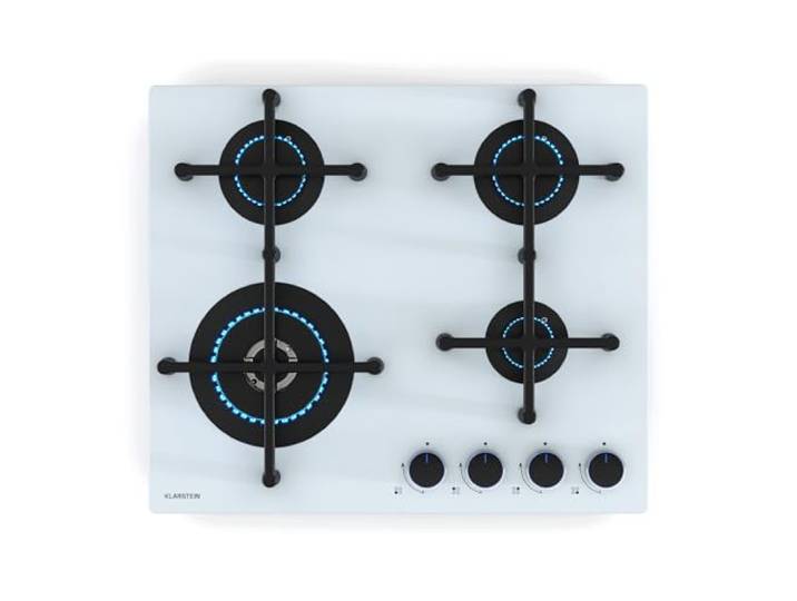 Klarstein Illuminosa 4 Gaskochfeld - 4 Sabaf-Brenner, 4 kW Wokbrenner, Gehärtetes Glas, Elektrische Zündung, Gasherd Kompatibel, Verbesserte Kochleistung, Weiß, 59x13x51 cm