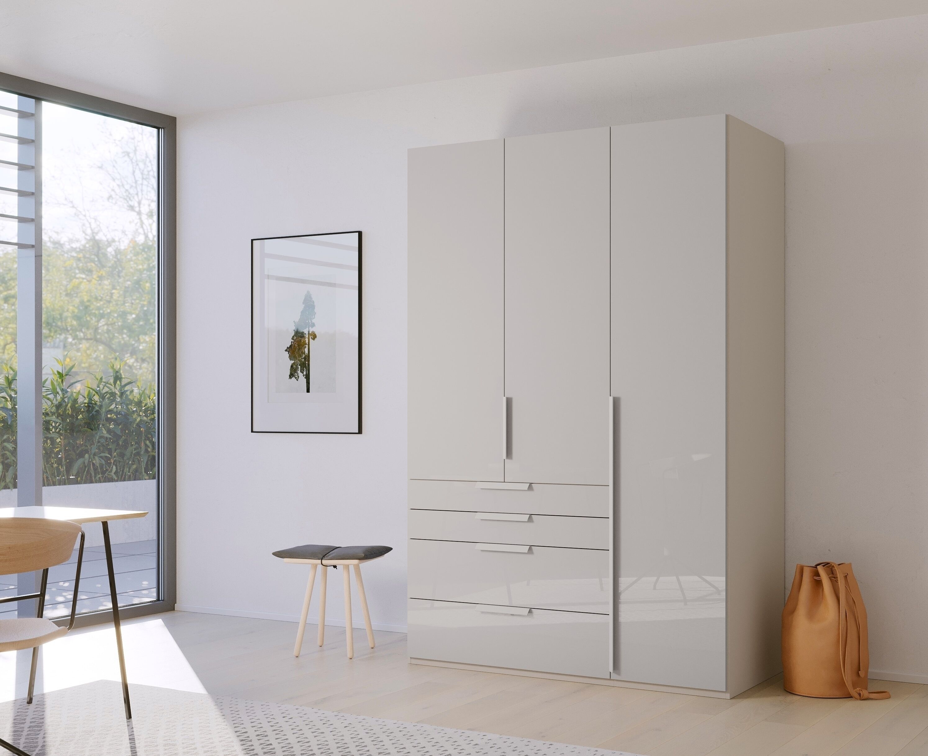 Drehtürenschrank RAUCH "Kleiderschrank Schrank Garderobe Wäscheschrank PURISMA Glasfront", grau (seidengrau, glas seidengrau), B:151cm H:223cm T:60cm, Holzwerkstoff, Schränke, Drehtürenschrank, mit Schubladen und umfangreichem Zubehör MADE IN GERMANY seid