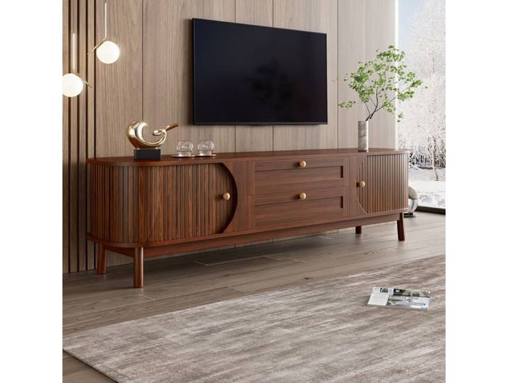 Meuble TV Ovale Aspect Bois avec 2 Tiroirs et 2 Portes Coulissantes Pieds en Bois Robustes Meuble Télé Moderne 170X39.5X46cm