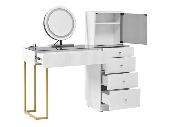 Coiffeuse blanche en panneau de particules avec miroir led, 5 tiroirs