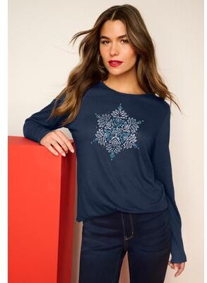 Plus Size Women's Plus Size Graphic Long Sleeve Tee by Roaman's in Navy Snowflake (Size 12)
