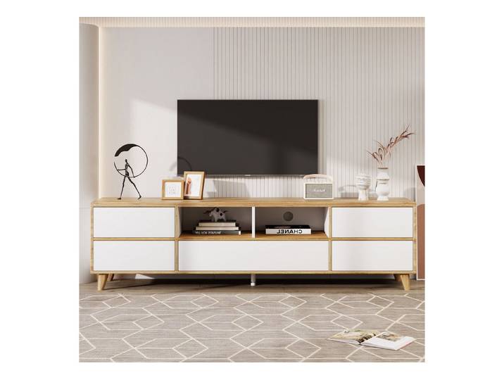 IDEASY TV-Schrank Weiß/Holz TV-Lowboard Landhausstil mit Türen & Fächern