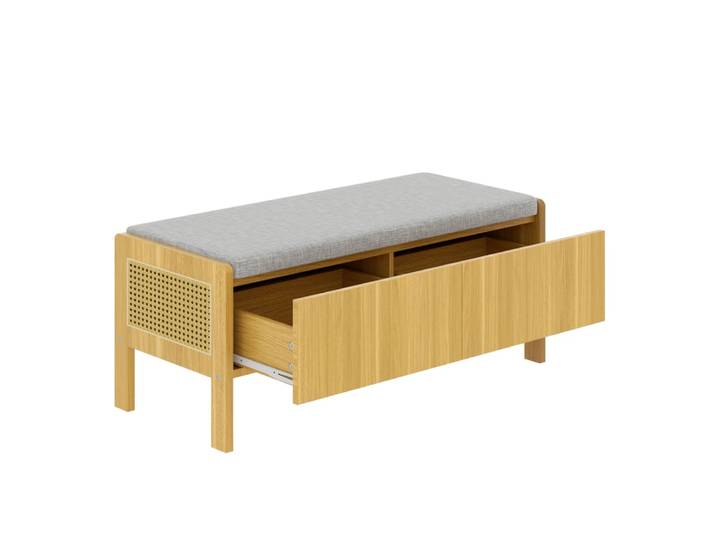 Banc de rangement en bambou gris et naturel avec 2 tiroirs
