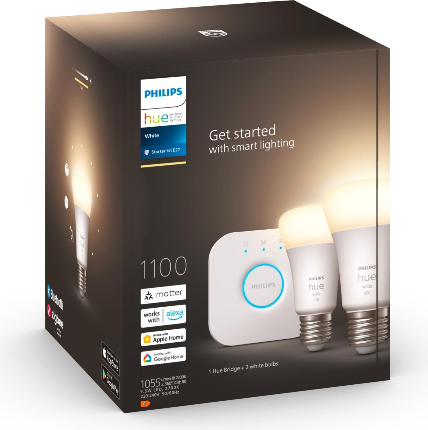 Philips Hue Witte Starterset E27 met twee LED-lampen en één Hue Bridge (vervangt 75 Watt)
