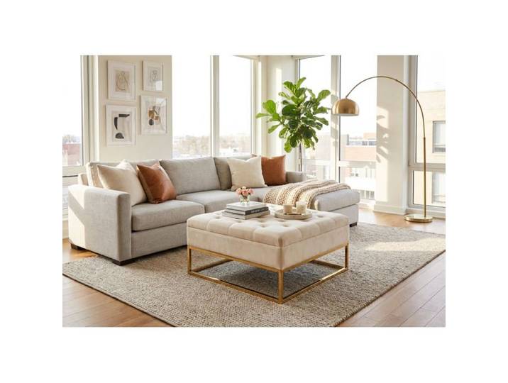 Table basse pouf velours beige 80x80 cm - CAPITONNE