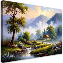WANDBILD, Häuschen in den Bergen Landschaft Fluss