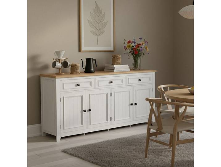 Buffet - Novélys - 160cm - Plateau Effet Bois - 3 Tiroirs & 4 Portes - Style Scandinave - Blanc & Bois