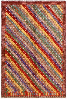 Treasured Knots Modern Balochi Abbott Orange/Blue Hand Knotted Wool Rug - 5'1'' x 6'7''