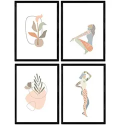POSTER Set mit 4 Pastelltöne und Nordic weiblichen Figuren Blumen A3 Rahmenlos