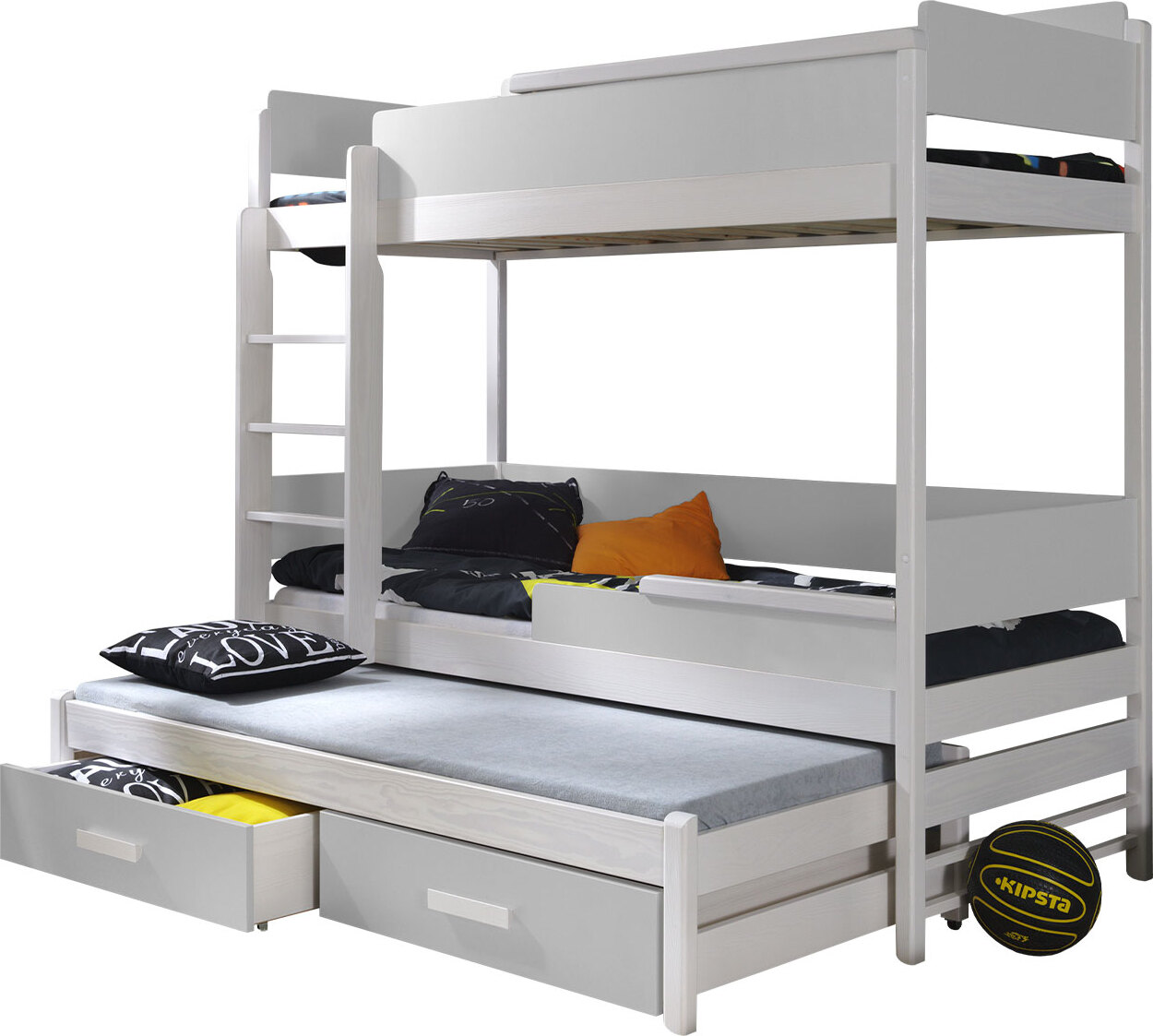 MIRJAN24 Etagenbett Quatro 200, Bett mit Bettschubladen, Jugendzimmer Möbel, Hochbett, Jugendbett (Weiß / Grau, Leiter Seite: Links)