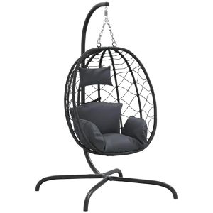 vidaXL Hängesessel 360045, bis 150 kg, Outdoor, schwarzes Stahlgestell & Polyrattan, mit 3 anthraziten Kissen