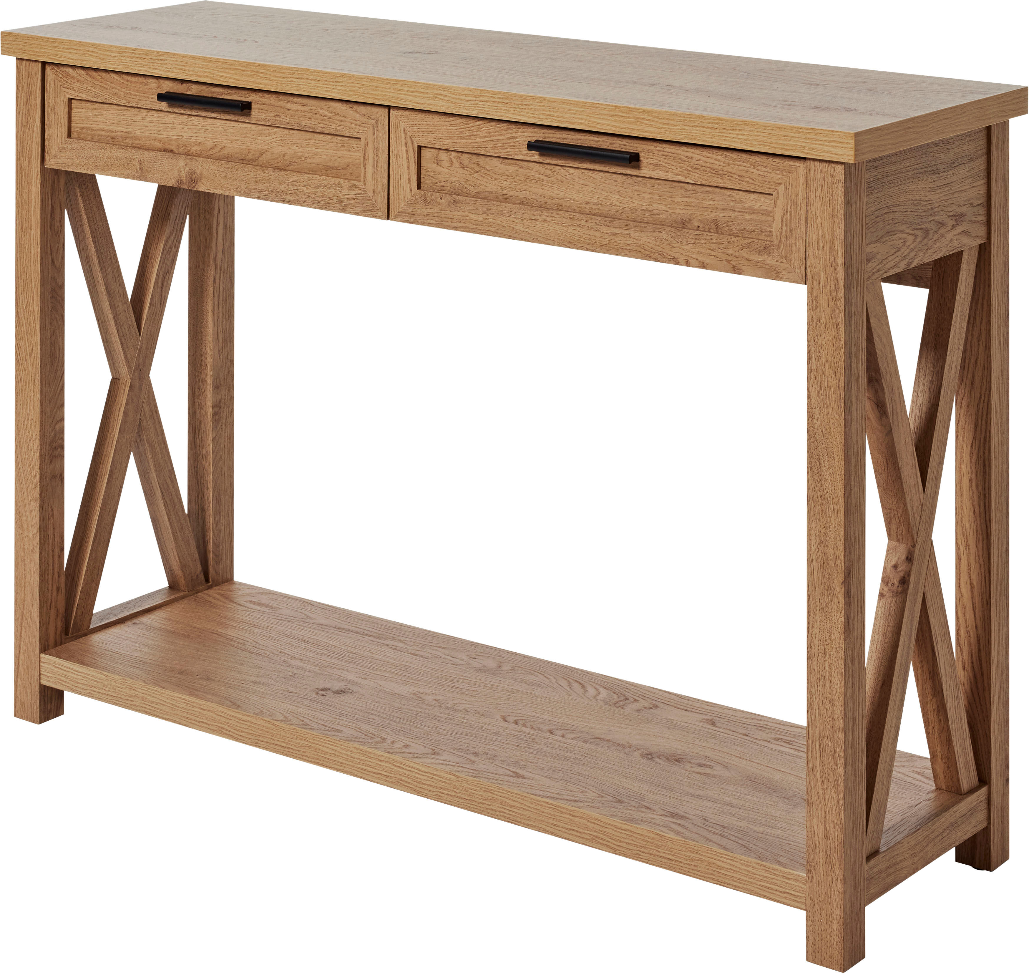 Konsolentisch JAHNKE "Chalet", braun (montana eiche, montana eiche, montana eiche), B:110cm H:77,2cm T:34cm, Tische, Konsolentisch, Konsolentisch mit 2 Schubladen und Ablage, Landhausstil, X-Design montana eiche, montana eiche, montana eiche B/H/T: 110cm 