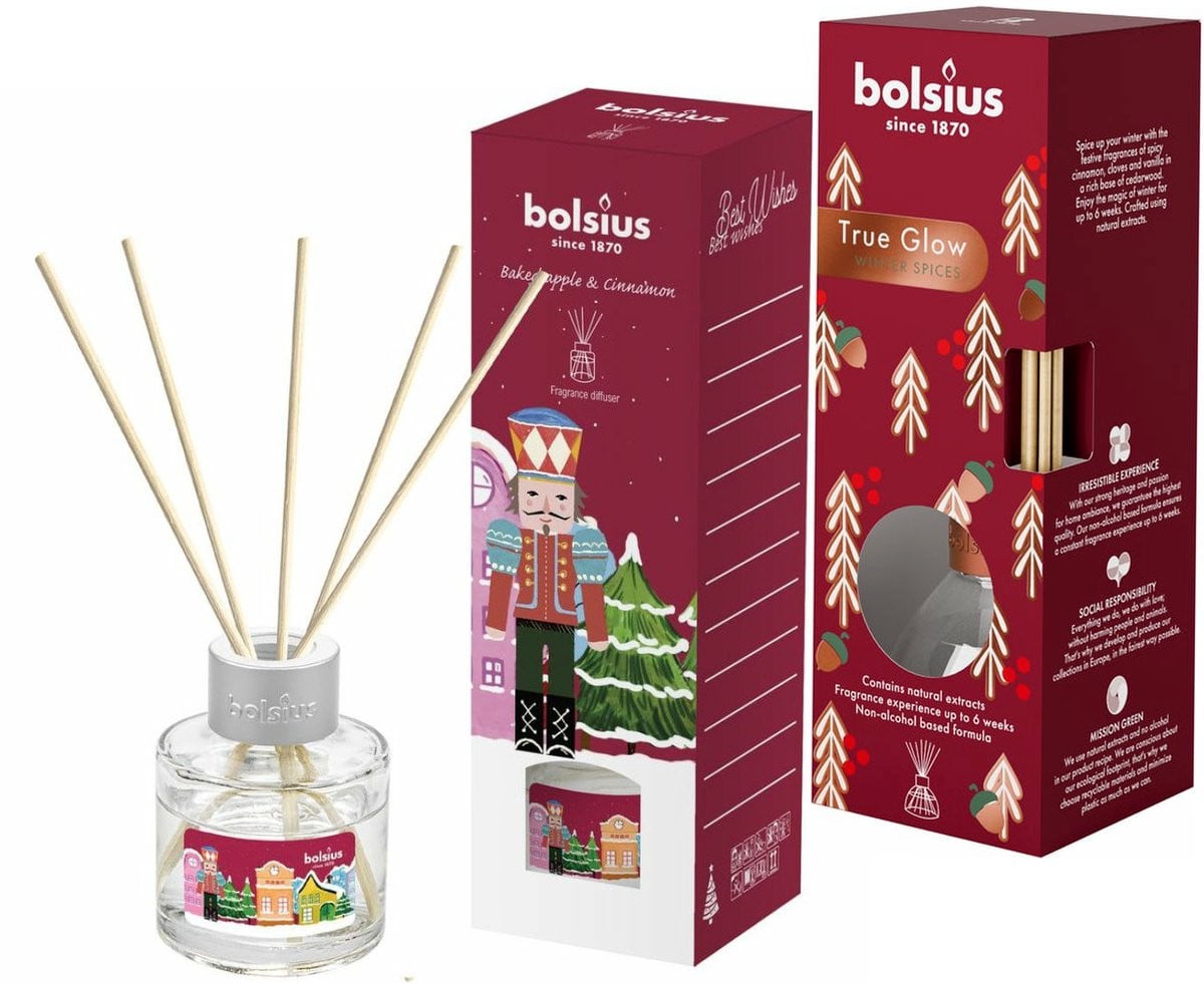 Bolsius Geurstokjes Set True Glow Winter Spices en Notenkraker Baked Apple & Cinnamon – 2x 30 ml