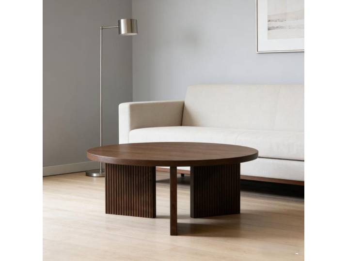 WOVREO Table basse ronde 80 cm design élégant MDF aspect bois marron noyer pieds rainurés