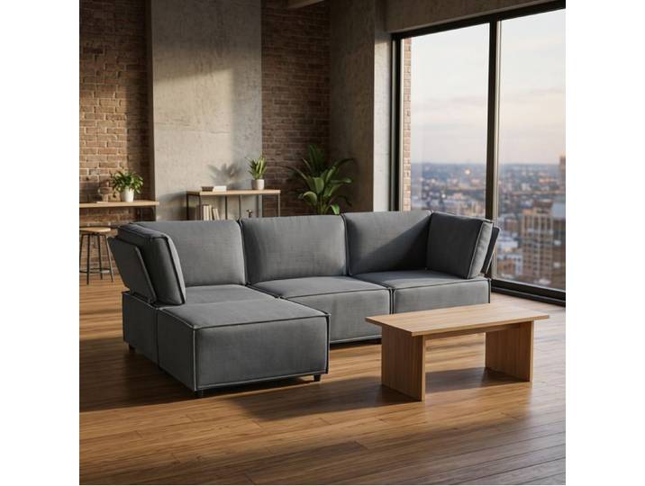 MEUVYX Canapé d'angle Modulable Convertible 4 Places Assise Mousse et Ressorts Tissu Aspect Lin Gris Foncé