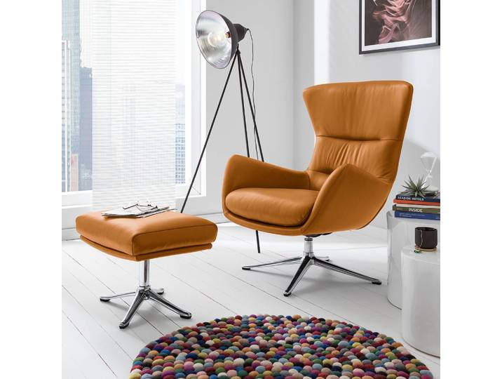 Hocker mit Kreuzfuß 54 x 41 x 41cm Braun Chrom glänzend Echtleder Neka: Cognac