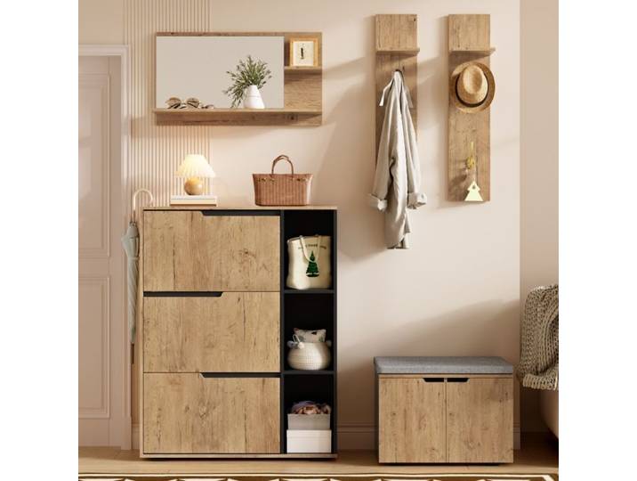Meuble D'Entrée Vestiaire d'Entrée Set avec Porte-Manteau Miroir Crochet et Banc Rembourré Armoire à Chaussures Pour Couloir