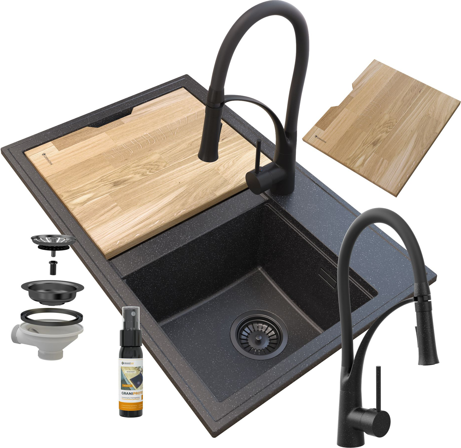 Granitan - Granitspüle - Küchenspüle - 2 Becken - 80x50 cm - Schwarz - mit Armatur NEXO - Spülbecken - HEKTOR