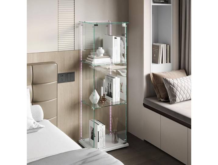 Vitrine 3 Étagères Bois Blanc LED Moderne Salon