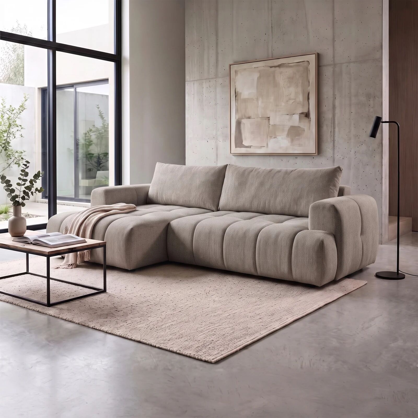 garneroarredamenti Divano letto angolare sinistro 265x149cm contenitore tessuto tortora Harmony