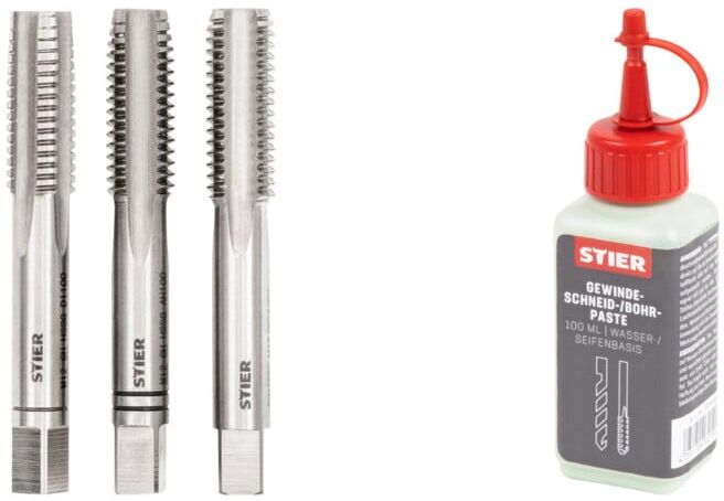 Set Stier STIER Handgewindebohrer Satz 3-tlg. DIN 352 HSS-G M 12 + STIER Gewindeschneidpaste Bohrpaste 100 ml Wasser-/ Seifenbasis