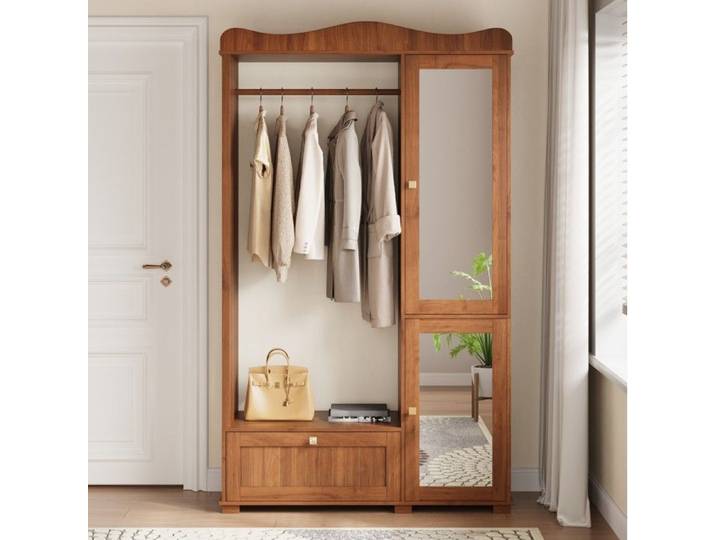 Garde-robe avec miroir intégré penderie ouverte 2 portes 1 tiroir pour chambre et entrée MDF noyer - UVRION