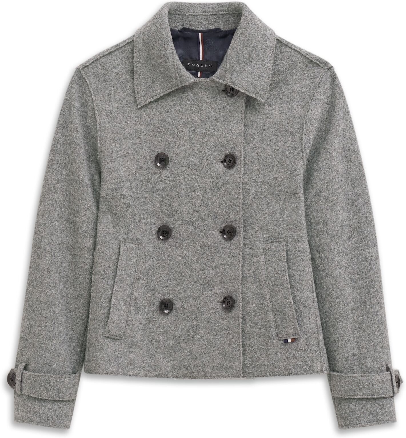 Wolljacke BUGATTI "Flexcity Stretch", Damen, Gr. 34, grau (270, dunkelgrau), 50% Viskose, 50% Wolle, unifarben, loose fit, normaler Saum, Jacken Wolljacke, im Loose Fit mit offenkantig gekochter Wolle