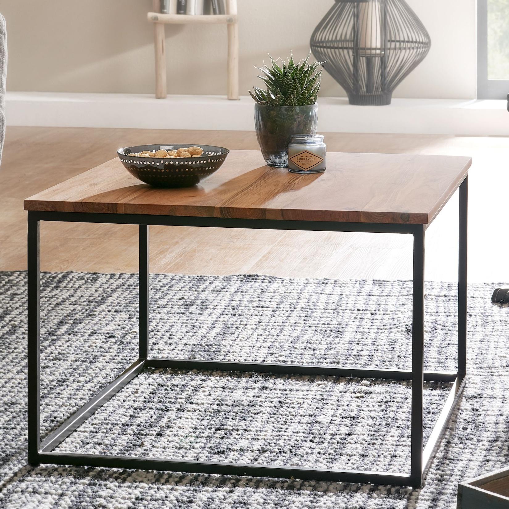 FineBuy Couchtisch quadratisch 60x60cm Akazie Massivholz Design Wohnzimmertisch