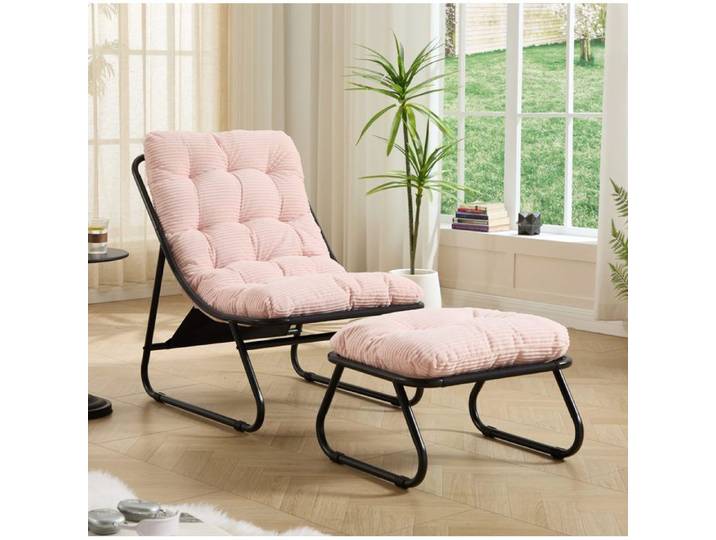 Fauteuil lounge de jardin avec ottoman et coussins épais acier thermolaqué rose intérieur extérieur ORVRYN