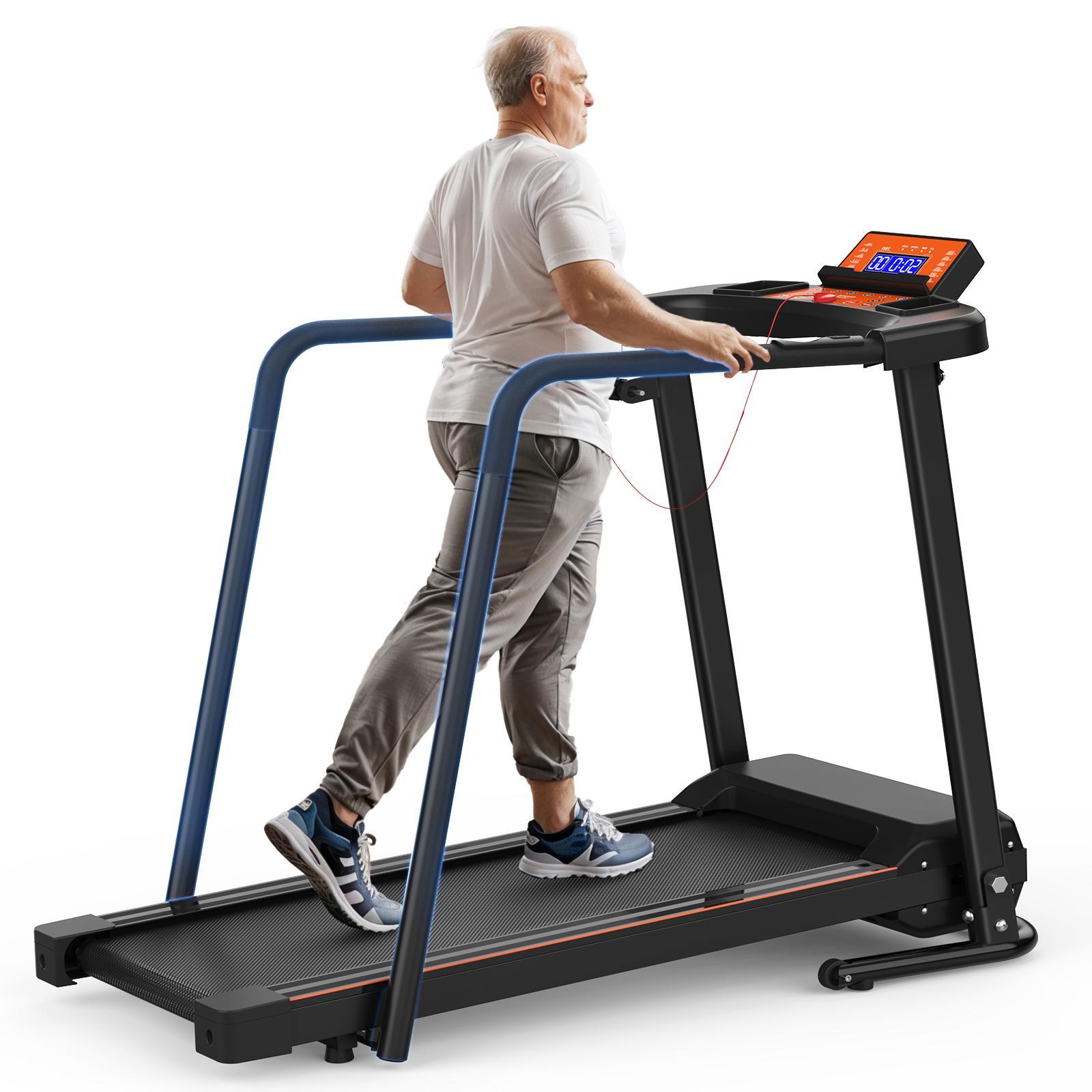 AIORBER Klappbares Laufband mit langen Handläufen, Sicherheitsschlüssel, App-Steuerung optional, 120 kg, Tablet- & Becherhalter, platzsparend Schwarz