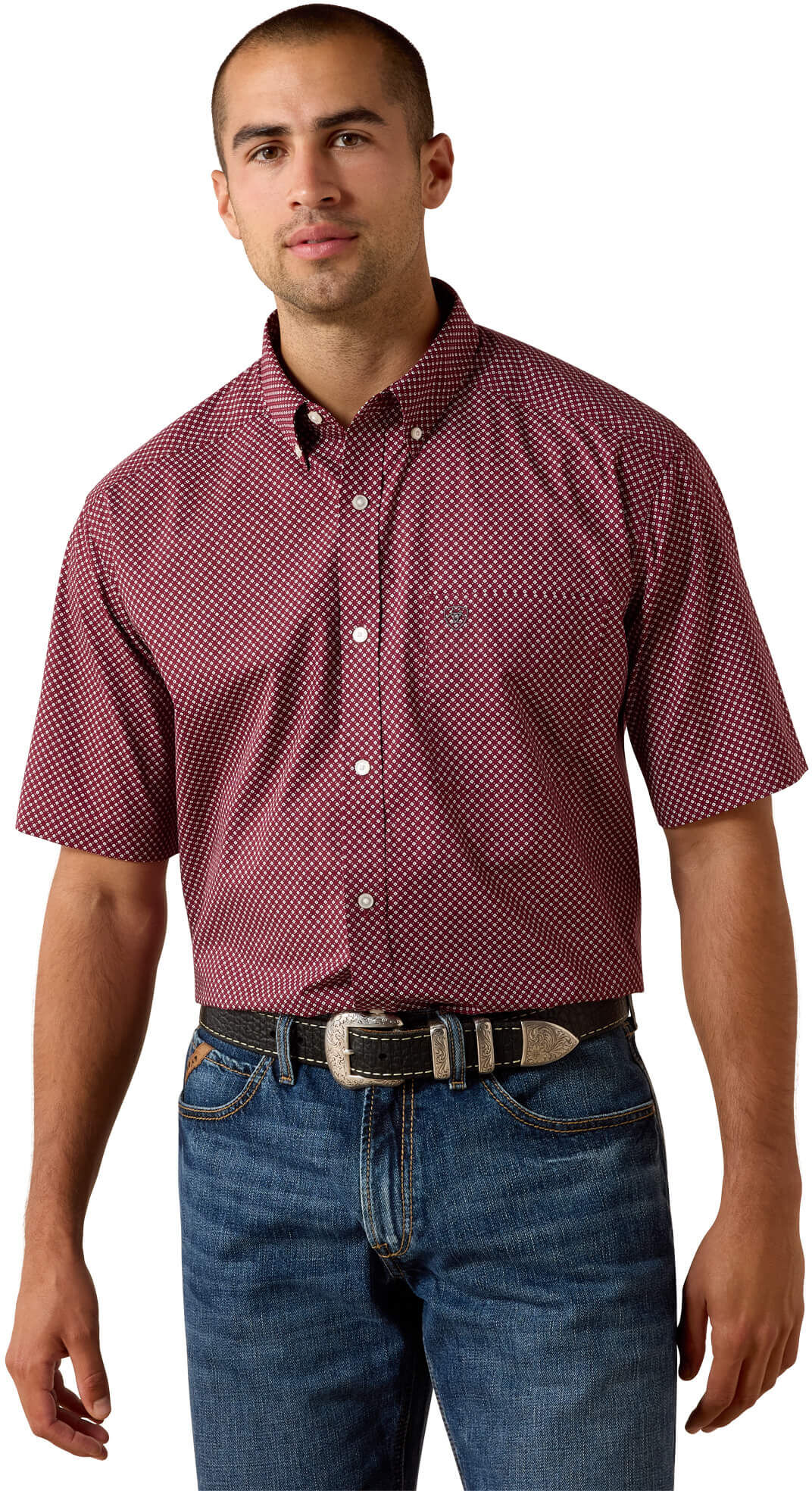 Men's Pippin Classic Fit Shirt in Maroon Banner Geo Print, Size: Medium by Ariat