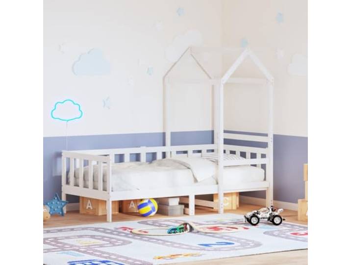 RJPLMFV Tagesbett mit Dach, Weiß, 80 x 200 cm, Massivholz Massives Kiefernholz, Lattenrost inklusive, Unterbettaufbewahrung, Seitentür, 3 Sicherheitsbarrieren