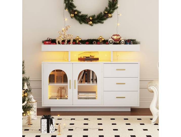 Buffet LED blanc 120 cm 16 couleurs haut meuble tiroirs buffet bar pour salle à manger MEUBLE A CASIER