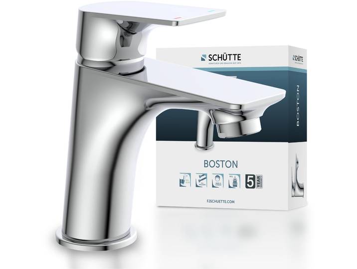 Waschtischarmatur SCHÜTTE BOSTON , grau (chrom), B:5cm H:153cm T:162cm, Messing, Armaturen, Waschtischarmatur, wassersparende Eco-Click-Funktion, inkl. Pop-Up