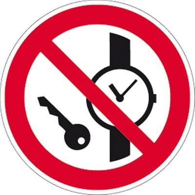 Aufkleber Mitführen von Metallteilen oder Uhren verboten ISO 7010, Folie, Ø 200 mm