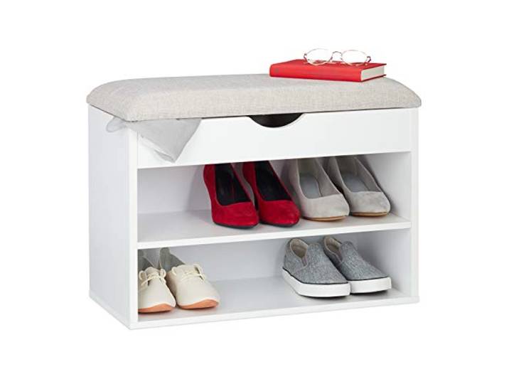 Relaxdays Banc à Chaussures\, Siège Garde Robe rembourré\, 3 Compartiments\, Rabattable\, Etagère\, siège\, 45x62x30cm\,