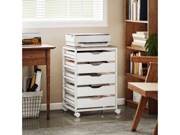 HOMCOM Caisson Mobile 5 Tiroirs Bois Blanc 50x40x74,5 cm