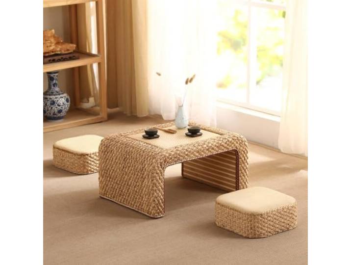 Labasuan Rattan-Balkontisch und -stühle, niedriger Teetisch im Zen-Stil mit 2 quadratischen Sitzkissen, Retro-Tisch für Tatami, minimalistischer niedriger Tisch für Balkon, Wohnzimmer und Erker(40cm)