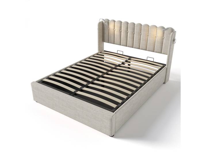 Modfu Polsterbett aus Leinen 160x200 cm in Natur mit USB & Leselicht, Naturfarben, 160x200 cm, Schlafzimmer, Betten, Polsterbetten