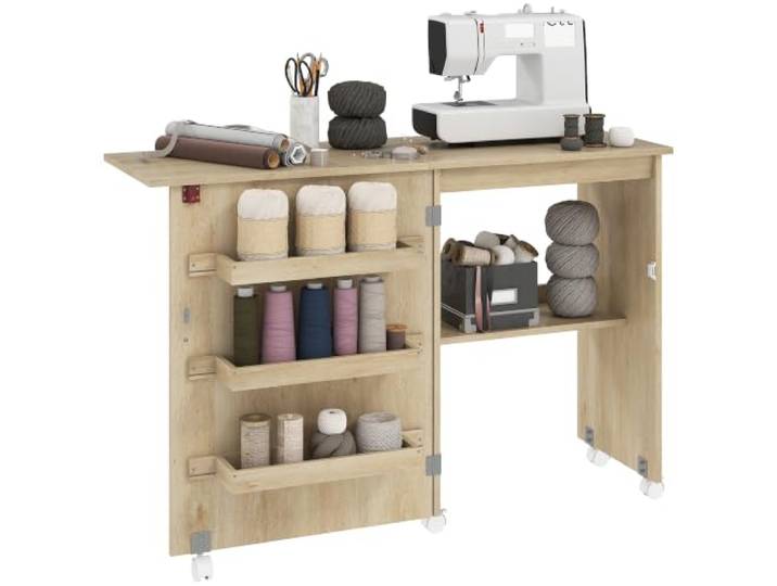 HOMCOM Klappbarer Nähtisch, rollender Nähmaschinenschrank Naturholz Mehrzweck-Basteltisch, Aufbewahrungsregal, Behälter, abschließbare Rollen, kleiner Raum