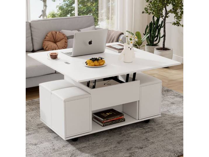 LPOSPI Table basse relevable avec 1 tiroir 4 tabourets rangement caché 100x100x63 5 cm - blanc