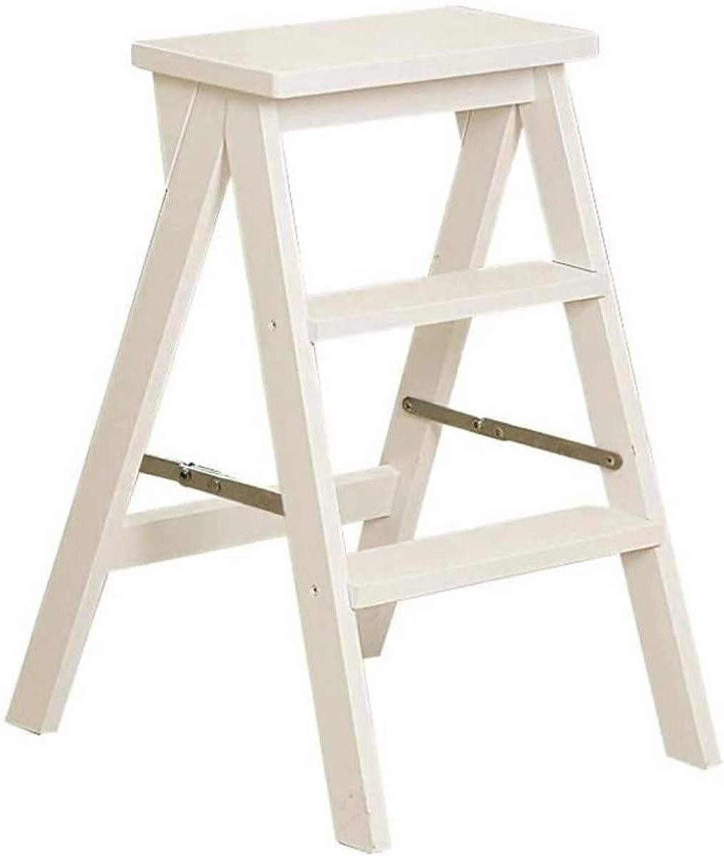 Houten Ladder Kruk - Opvouwbare Trap Stoel - Wit/Houtkleur - B/D/H: 42 x 48 x 64 cm