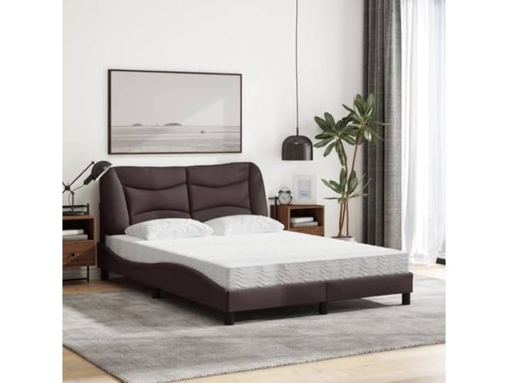 KTHLBRH Bett mit Matratze Hvar Dunkelbraun 140 x 190 cm Stoff Lattenrost inklusive, PU-Schaum 22D, doppelte Härte H2 H3, gewelltes Design